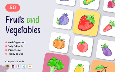 Frutas e vegetais desenhados à mão