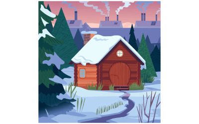 Uma ilustração com tema natalino de uma paisagem nevada com uma cabana de madeira