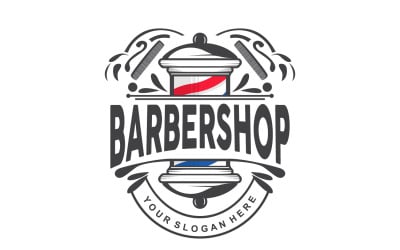 Logotipo de peluquería con tijeras, vector retro vintage V8