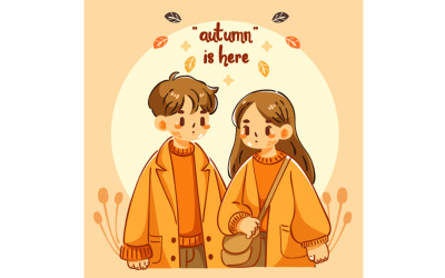 Ilustração de desenho animado desenhado à mão casal fofo outono