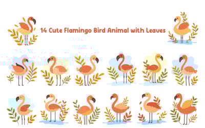 14 oiseaux flamants mignons avec des feuilles