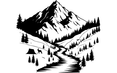 A  vector illustration of a mountain with a river flowing through a valley in front of it