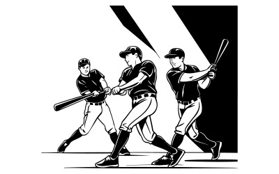 Une illustration vectorielle de trois hommes jouant au baseball