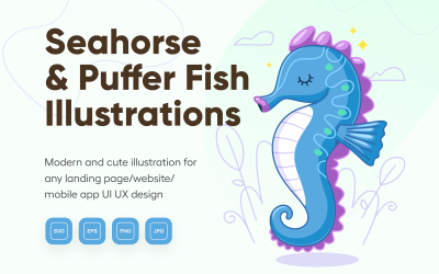 Oceany - Seahorse &amp;amp; Puffer Fish Illustration Set