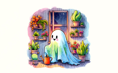 Cute Ghost with Houseplants PNG, Whimsical Garden Decor, Spooky Cute Illustration, Plant Lover