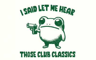 Funny Frog with Gun PNG, Retro Meme Style Art, Club Classics Music Humor, Quirky Frog Clipart,