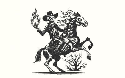 Skeleton Cowboy on Horse PNG, Western Gothic Art, Spooky Skeleton Rider Clipart, Dark Cowboy