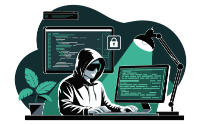 A hacker wearing a hoodie and using  laptop