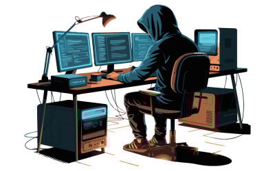 There is a hacker wearing  hoodie and using a laptop