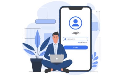 一位公司 CEO 坐在笔记本电脑旁的插图