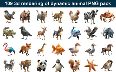 Paquete de 109 representaciones 3D de animales dinámicos PNG