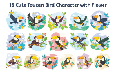 16 simpatici uccelli tucano con fiore