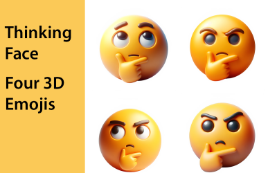Emoji de cara pensativa. Cuatro emojis 3D sobre fondo transparente