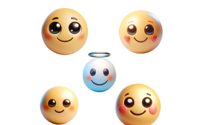 Emoji de rosto sorridente. Cinco emojis 3D em fundo transparente
