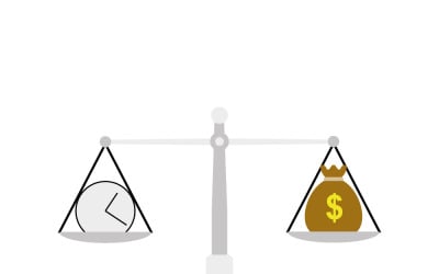 Time is money on scales icon. Money and time balance on scale.