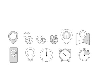 Liniensymbole für Ort, Uhrzeit und Datum.