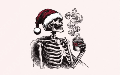 Spooky Christmas PNG, Skeleton Christmas Funny PNG, Christmas Coffee PNG, Skeleton Hot Coffee,