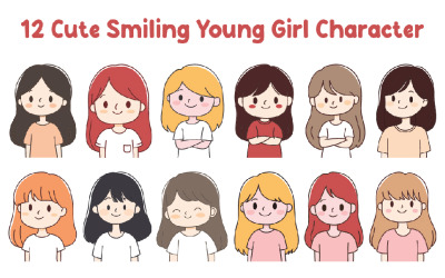 12 personnages mignons de jeunes filles souriantes