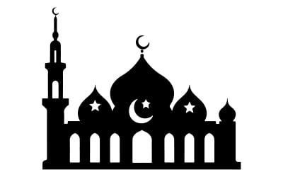 A vector silhouette image of a mosque with a minaret and a dome