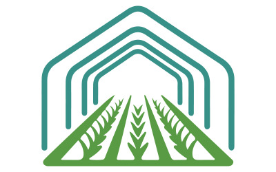 Un logo minimalista di una serra con file di coltivazione