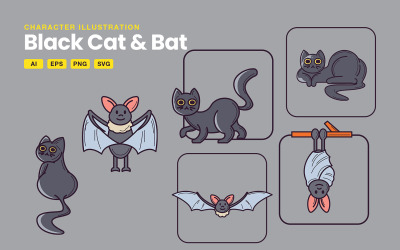 Black Cat and Bat Illustration