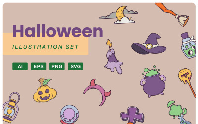 Söt Halloween Illustration Set
