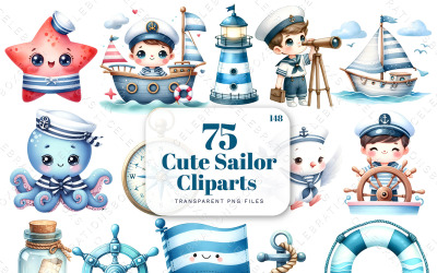 Söt sjöman Clipart, Sailor Boy Clipart, Mariner, baby shower clipart, Akvarell Clipart