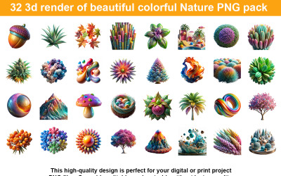 32 3d render of beautiful colorful Nature PNG pack