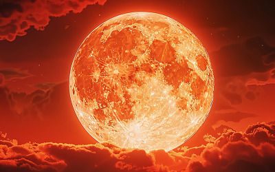Blood Moon, Red moon, real full blood moon in red sky with cloud