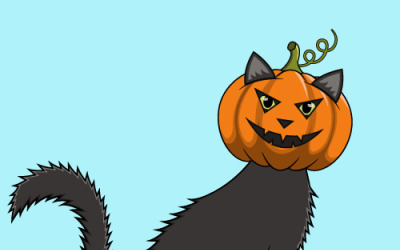 A Halloween cat with an orange pumpkin head, with a carved smiling face
