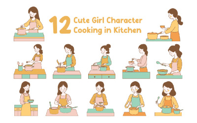 12 Cute Girl Cartoon Character Cooking in Kitchen