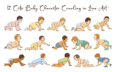 12 Cute Baby Character Crawling in Line Art