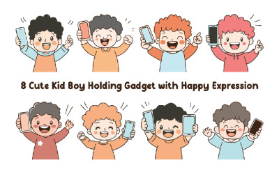 8 Söt Kid Boy Holding Gadget med glada uttryck