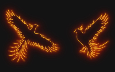 A neon outline of red orange phoenix with wings, isolated on the black background