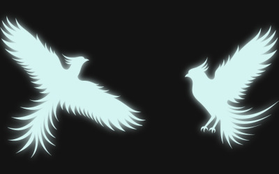 A neon silhouette of light white phoenix with wings, isolated on the black background