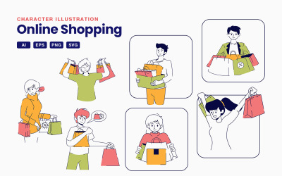Online Shopping tecken Illustration Set