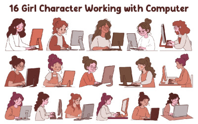 16 Personajes femeninos trabajando con la computadora