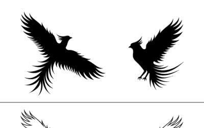 A silhouette and outline of black phoenix with wings, isolated on the white background