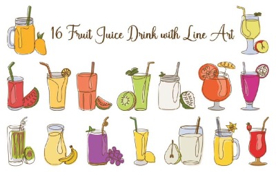 16 boissons à base de jus de fruits avec dessin au trait