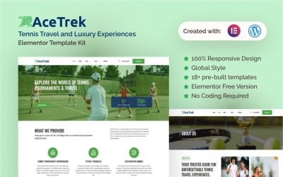 Acetrek - Kit de modèles Elementor pour les voyages de tennis et les expériences de luxe