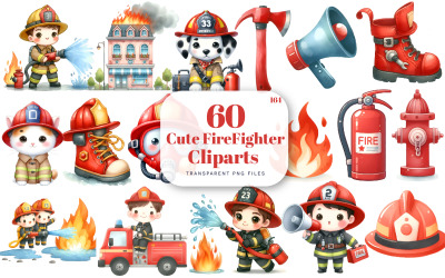 Clipart de pompier mignon, clipart de camion de pompier aquarelle, casque, dalmatien, extincteur, bouche d&amp;#39;incendie