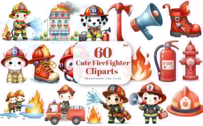 Cute Firefighter Clipart, Watercolor Firetruck Clipart, Helmet, Dalmatian, Extinguisher, Hydrant