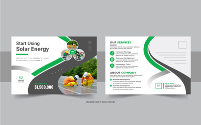 Zonnepaneel energiediensten ansichtkaart sjabloon, groene energie eddm ansichtkaart ontwerp sjabloon lay-out