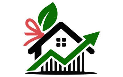 En logotyp för ett fastighetsbolag med ett hus och ett diagram