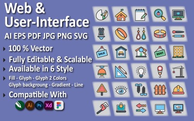 Set di icone versatili per interfaccia utente e Web per design digitali moderni