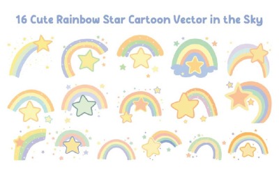 16 Cute Rainbow Star Cartoon Vector in the Sky