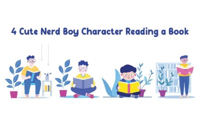 4 Cute Nerd Boy Character Reading a Book