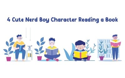 4 simpatici personaggi nerd che leggono un libro