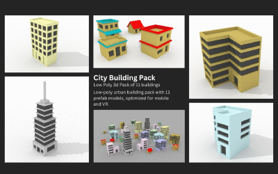 低多边形 3D 城市建筑包，包含 11 栋建筑