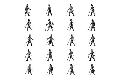 Person walking with cane icon linocut style bundle